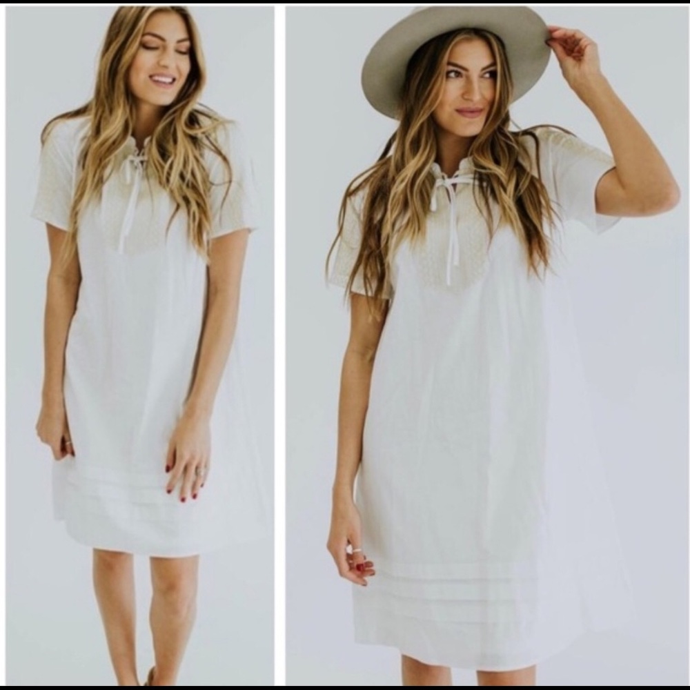 Roolee White Boho Short Sleeve Tunic Dress L